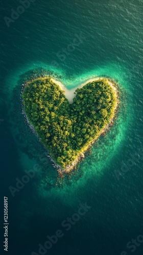 A Heart-Shaped Island In The Middle Of A Vibrant Teal Ocean. Lush Green Foliage Covers The Land, Forming A Perfect Heart Shape.