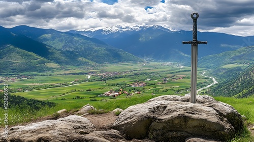 Epic Fantasy Sword in Mountain Valley Landscape photo