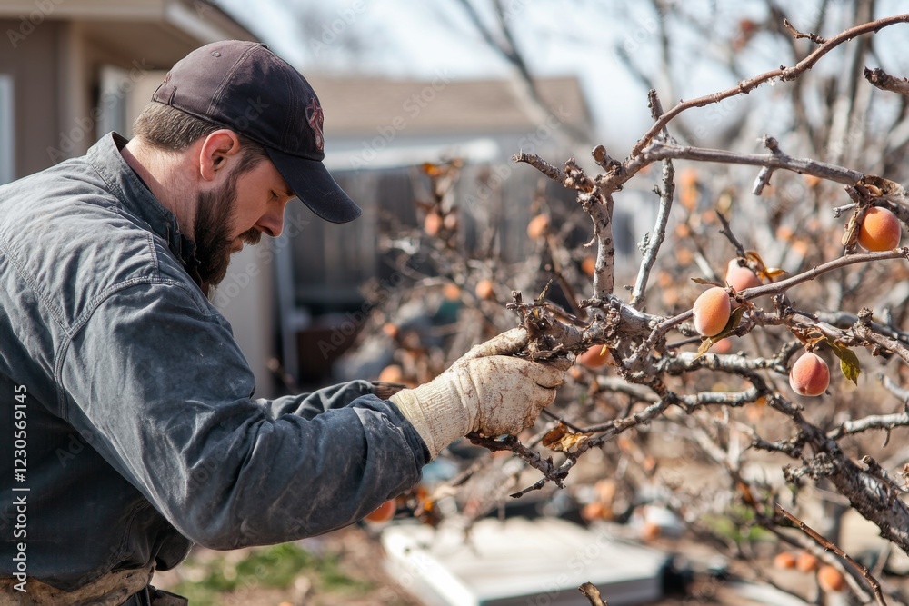 Gardener Pruning Fruit Trees in Orchard Gardener Pruning Fruit Trees in Orchard