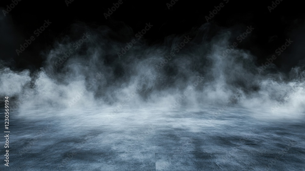 Smoky atmospheric mist on dark concrete floor creating eerie ambiance Smoky atmospheric mist on dark concrete floor creating eerie ambiance
