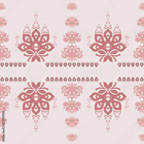 Symbolic patterns of tribal embroidery, ikat weaving, and boho paisley are harmonized in pastel pink hues. This seamless ethnic print is perfect for textiles, decor, and fashion design.