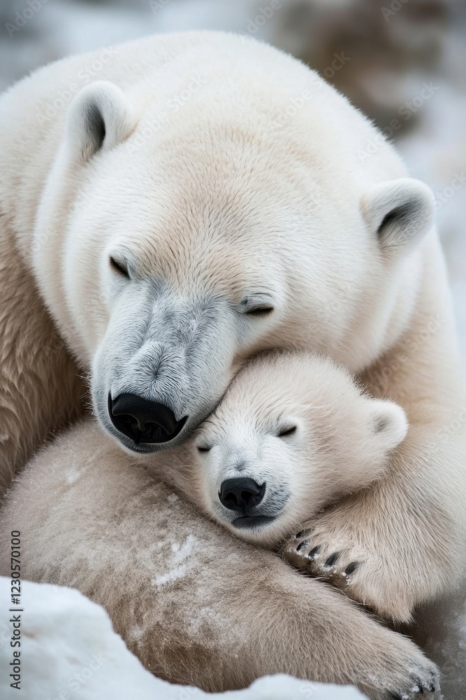 Polar bears embracing in snowy habitat: tender mother and cub moment International Polar Bear Day Polar bears embracing in snowy habitat: tender mother and cub moment International Polar Bear Day