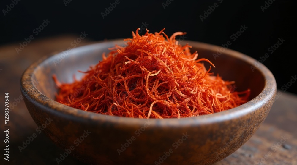 Fototapeta premium Close-up of Dried Saffron Threads in a Wooden Bowl