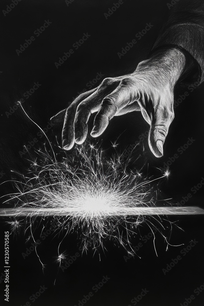 Fototapeta premium A pencil sketch of an iconic static electricity scene, depicting a realistic hand reaching toward an intense burst of electric sparks against a dramatic dark background