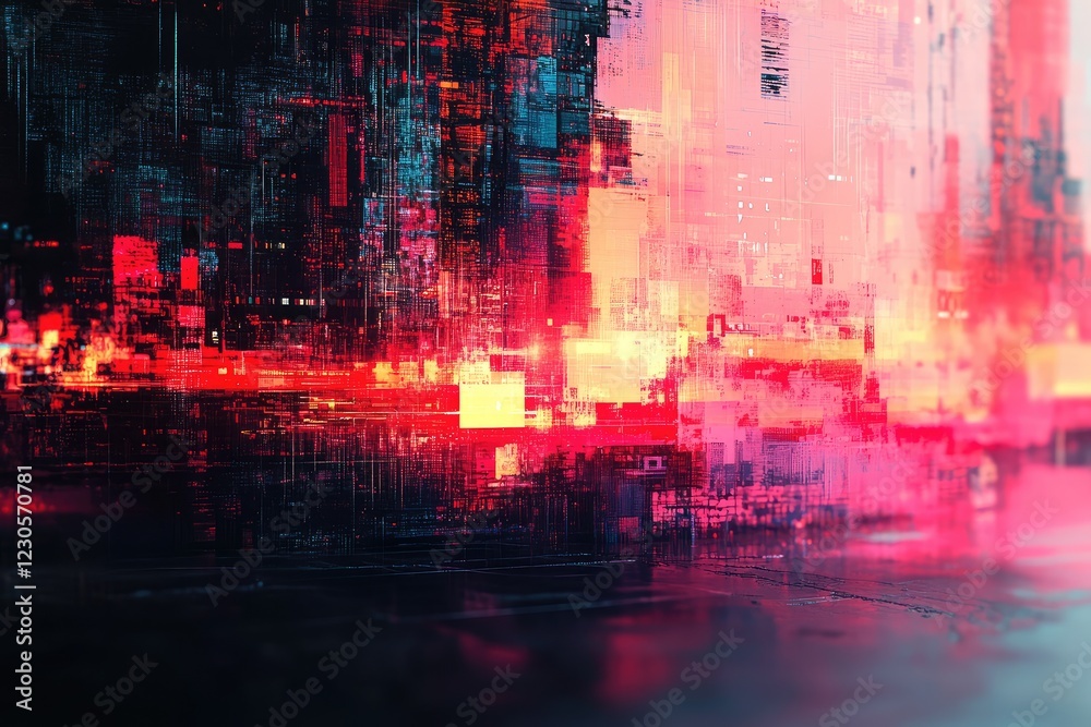 Obraz premium Digital glitch effects with distorted patterns, creating a chaotic and fragmented composition with vibrant, broken visuals