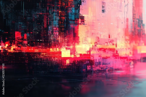 Digital glitch effects with distorted patterns, creating a chaotic and fragmented composition with vibrant, broken visuals