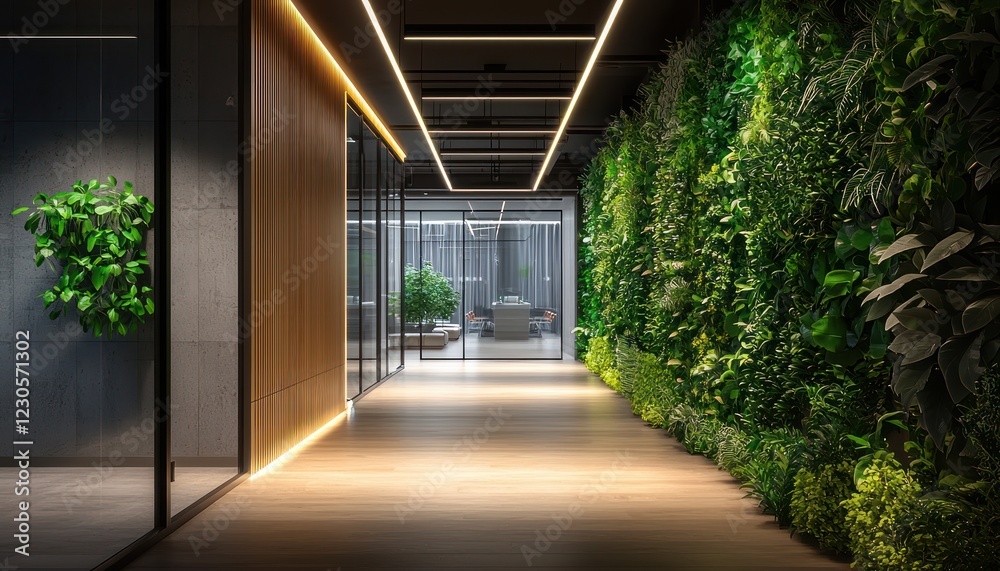 Office hallway with linear LED lighting and greenery accents, creating a modern and refreshing space Office hallway with linear LED lighting and greenery accents, creating a modern and refreshing space