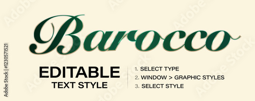 Baroque graphic style template, classic premium editable text effect, green aith gold. Customizable tweaking contour style and color. Vector illustration.