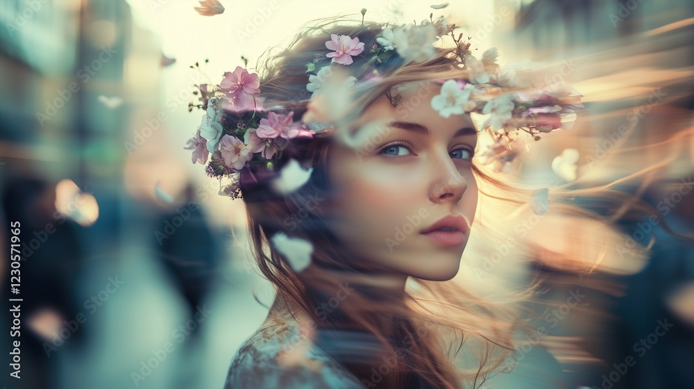Flower Crown Girl. A strong wind is blowing, curls and petals are floating in the air. Three-quarter portrait. The background is a city, street, pedestrians Flower Crown Girl. A strong wind is blowing, curls and petals are floating in the air. Three-quarter portrait. The background is a city, street, pedestrians