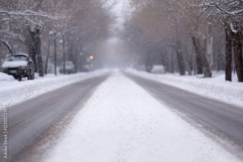 A snowy road with a car and a truck in the background