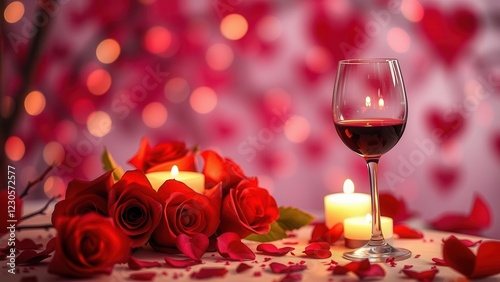 Romantic background with wine, candles and rose petals.