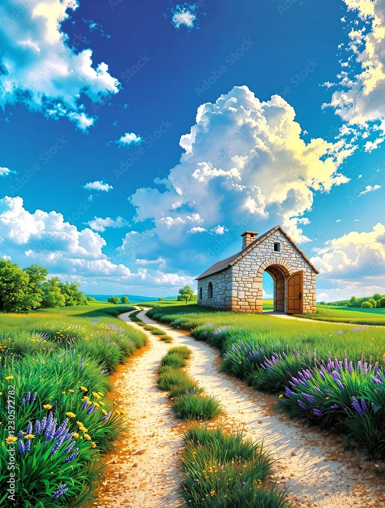 A picturesque rural landscape featuring a winding dirt path leading to a charming stone house under a vibrant blue sky with fluffy white clouds.