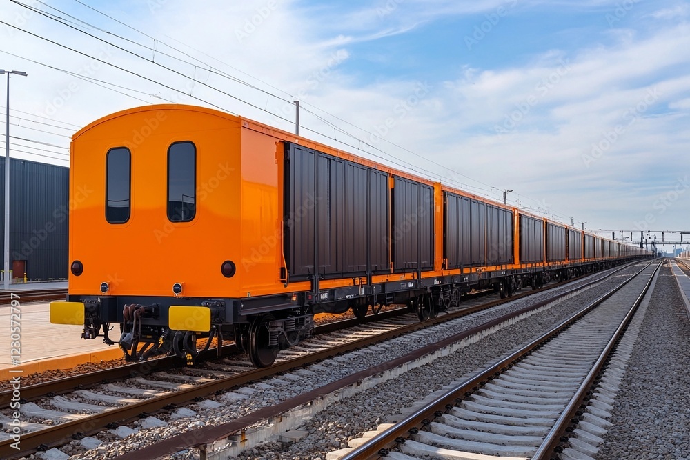 Orange freight train cars lined along the tracks in an industrial area during daylight Orange freight train cars lined along the tracks in an industrial area during daylight