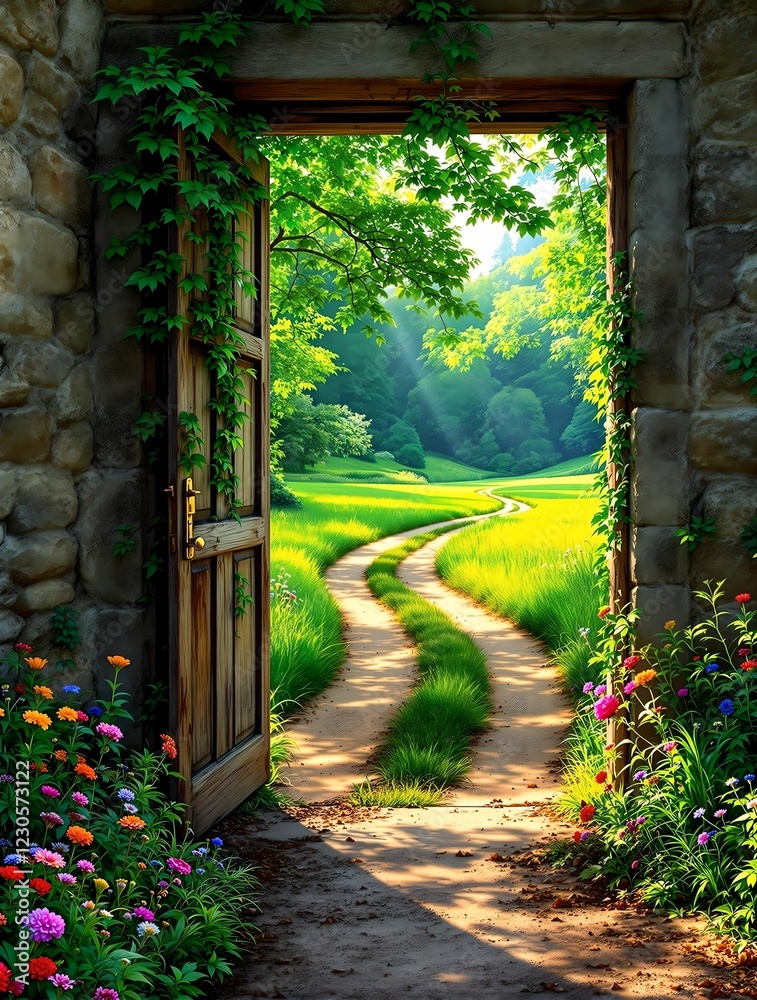 A wooden door covered in ivy opens to a lush green landscape with a winding dirt path leading into the sunlit hills.