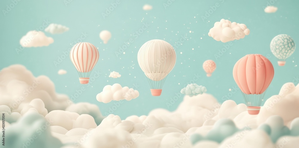 Fototapeta premium Pastel Hot Air Balloons Float Above Fluffy Clouds