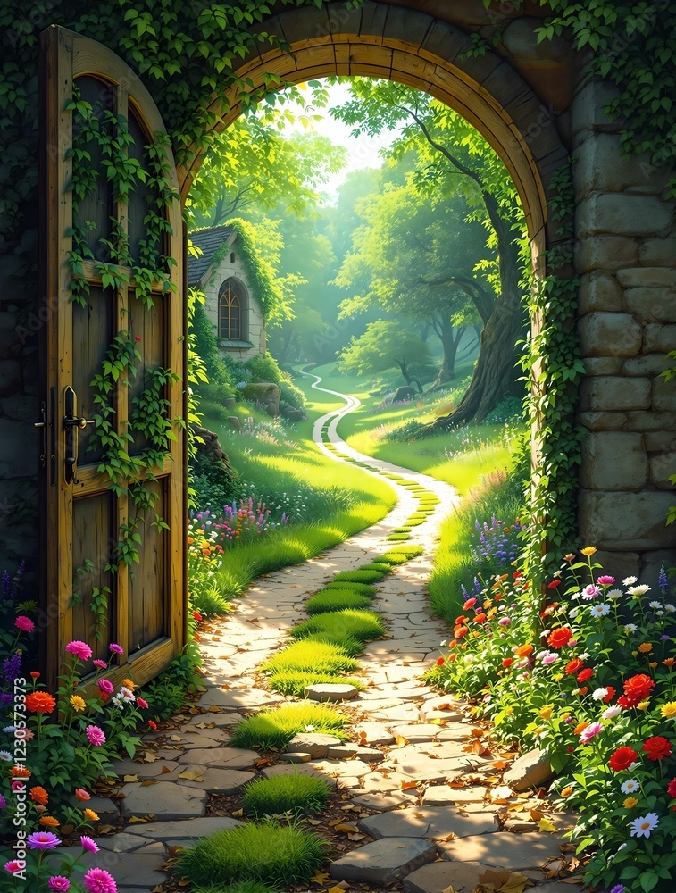 An enchanting arched doorway covered in ivy opens to a sunlit garden path leading to a charming stone cottage surrounded by lush greenery and colorful flowers.