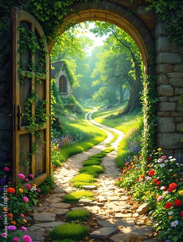 An enchanting arched doorway covered in ivy opens to a sunlit garden path leading to a charming stone cottage surrounded by lush greenery and colorful flowers.