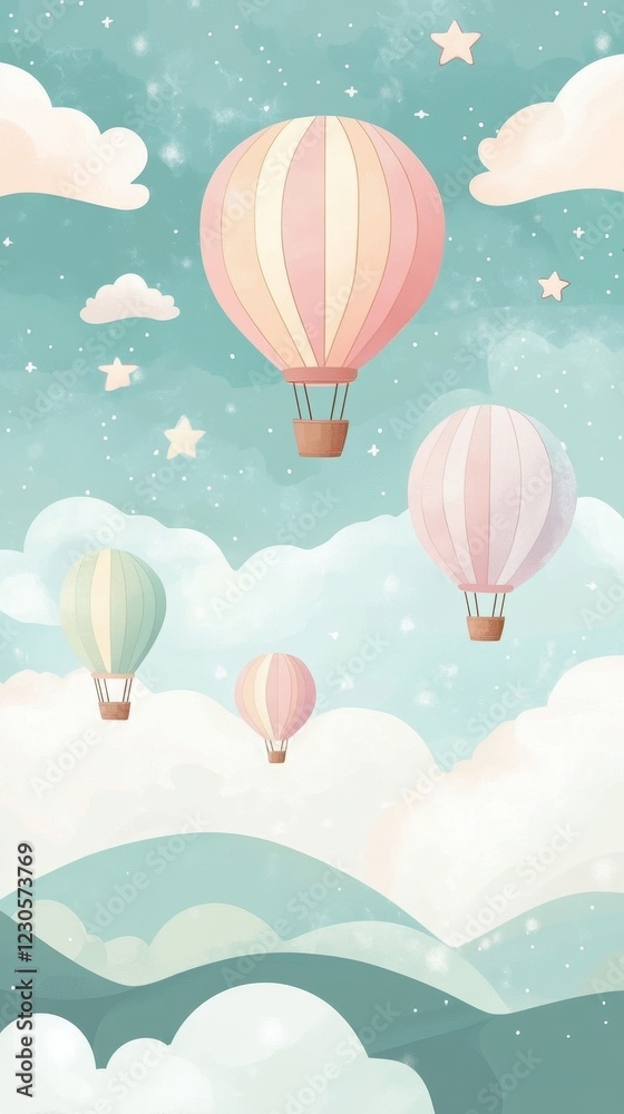 Obraz premium Pastel Hot Air Balloons Float Above Gentle Hills