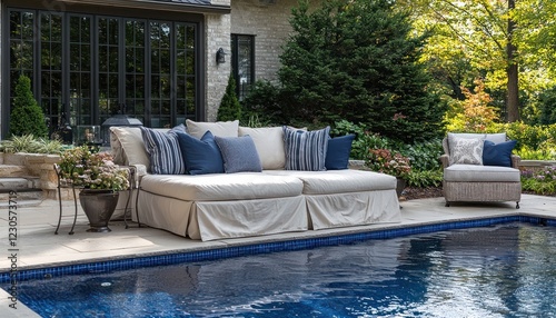 Outdoor furniture covered for seasonal storage, d with poolside features and a protective rain cover photo