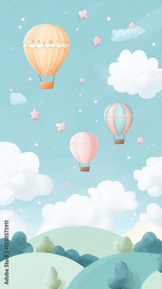 Fototapeta premium Pastel Hot Air Balloons Floating Above Rolling Hills