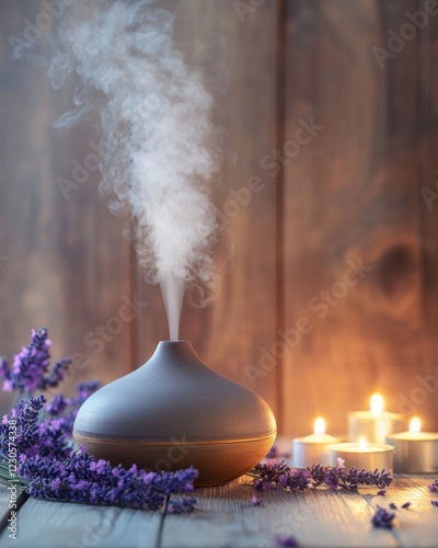 Aromatherapy diffuser with lavender and candles.