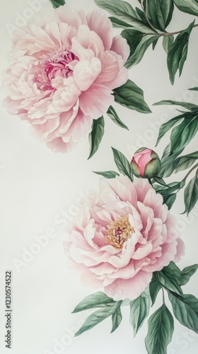 Beautiful pink peony flowers with green leaves.