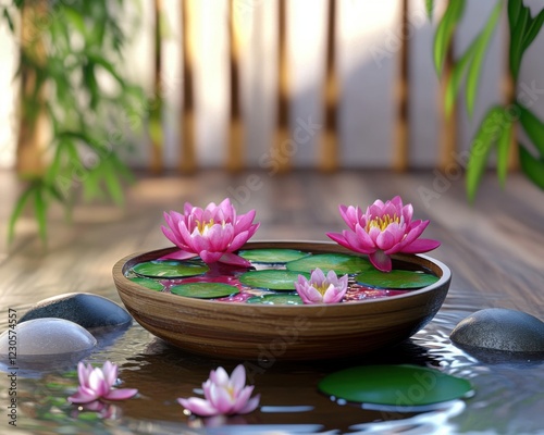 Beautiful lilies floating on tranquil water.