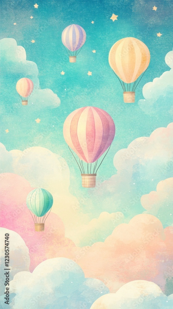Obraz premium Pastel Hot Air Balloons Floating Among Clouds and Stars