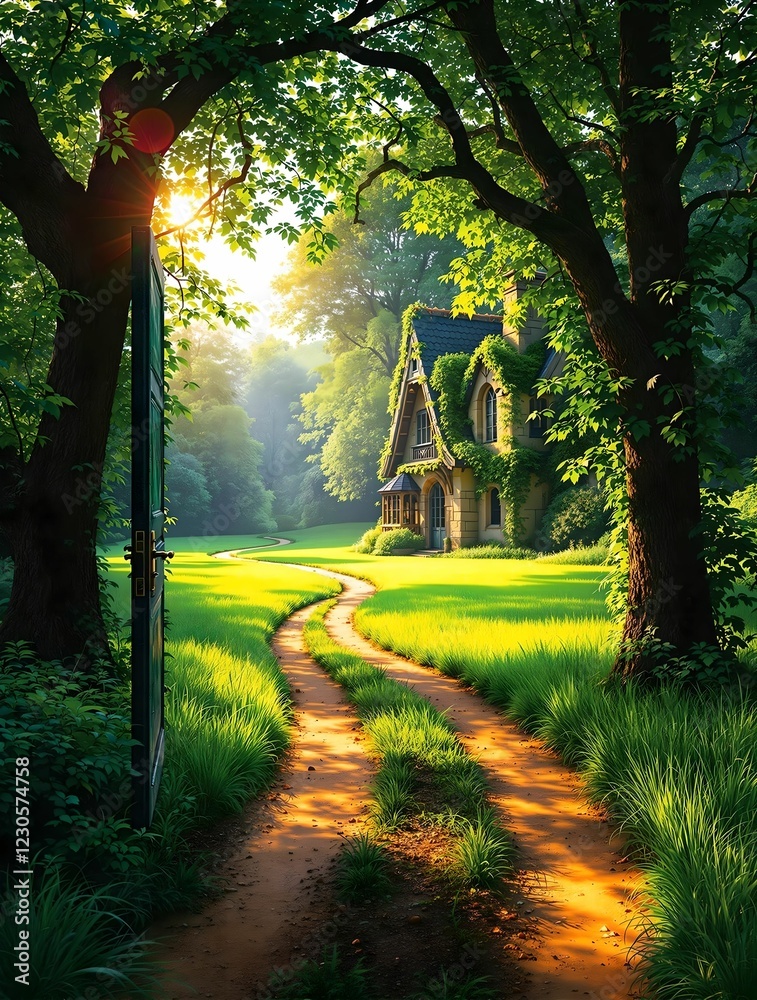 A wooden door covered in ivy opens to a lush green landscape with a winding dirt path leading into the sunlit hills.