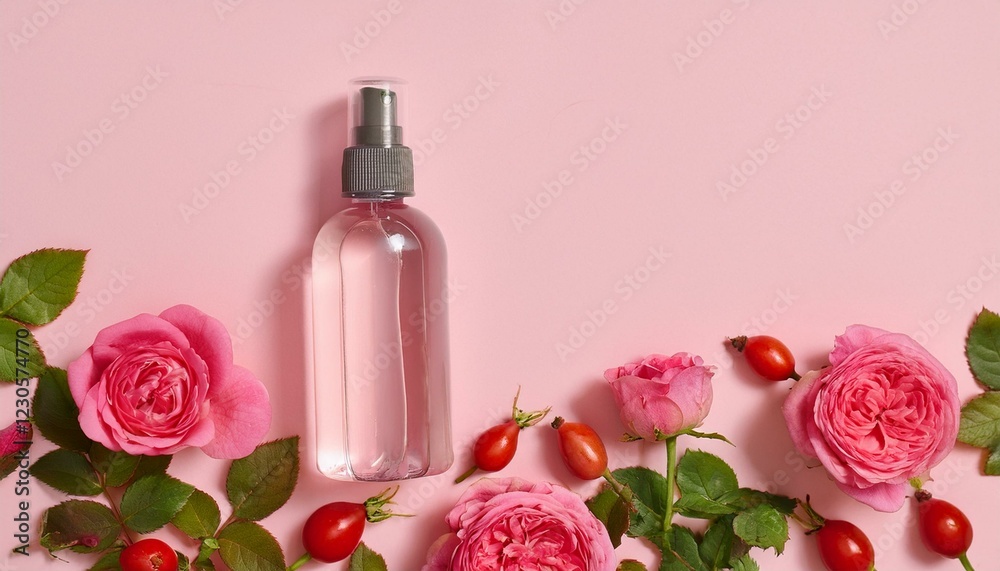 Pink rose floral arrangement with a bottle of rosewater. Pink rose floral arrangement with a bottle of rosewater.