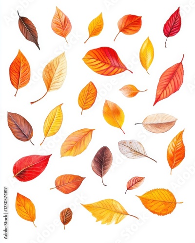 Colorful autumn leaves in various shapes.