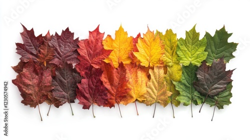 Colorful autumn leaves arranged in a row.