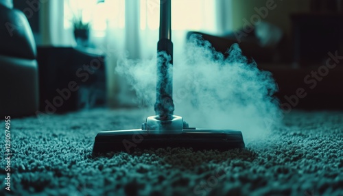 Selective Focusing On A Vacuum Cleaner Emitting Hot Steam On A Carpet In A Home Setting. The Image Captures The Cleaning Process.
