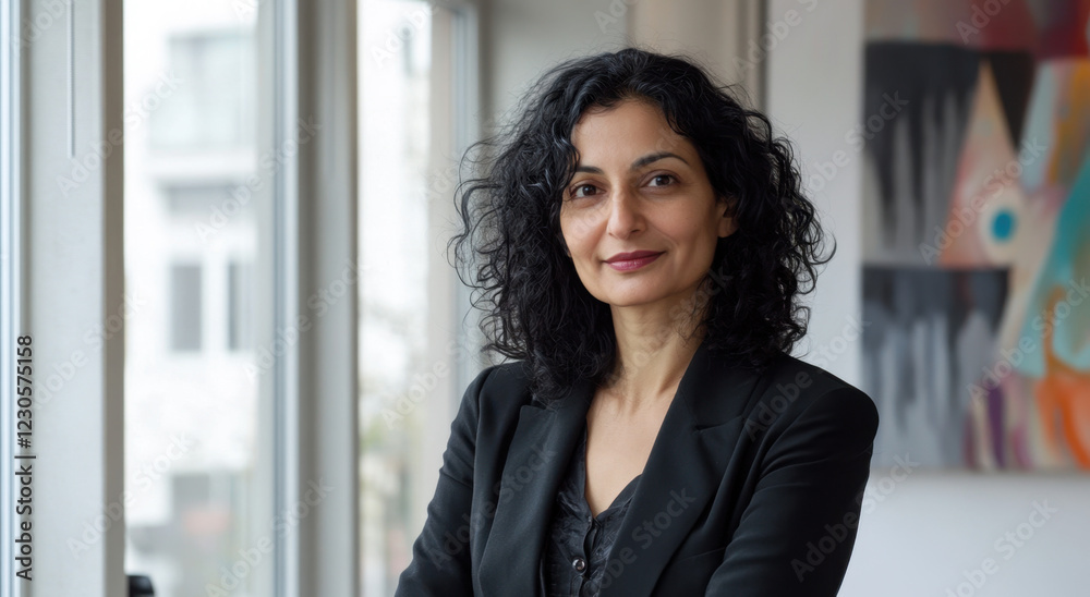 Confident Indian woman in a business setting engaged in conversation near a window on a bright day Confident Indian woman in a business setting engaged in conversation near a window on a bright day