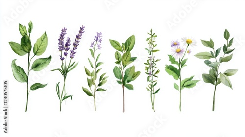 Colorful collection of various green herbs.