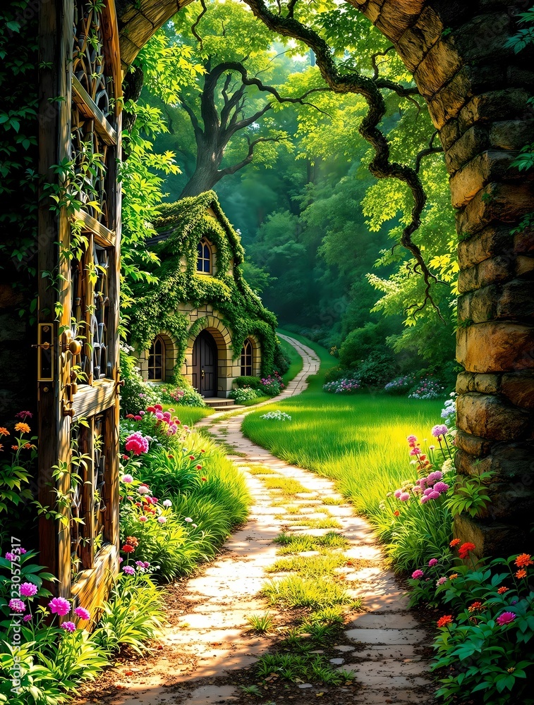 An enchanting arched doorway covered in ivy opens to a sunlit garden path leading to a charming stone cottage surrounded by lush greenery and colorful flowers.