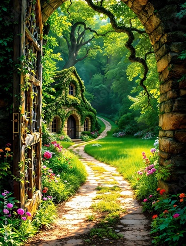 Obraz na płótnie An enchanting arched doorway covered in ivy opens to a sunlit garden path leading to a charming stone cottage surrounded by lush greenery and colorful flowers. w salonie