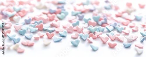 Colorful heart-shaped sprinkles on a surface.
