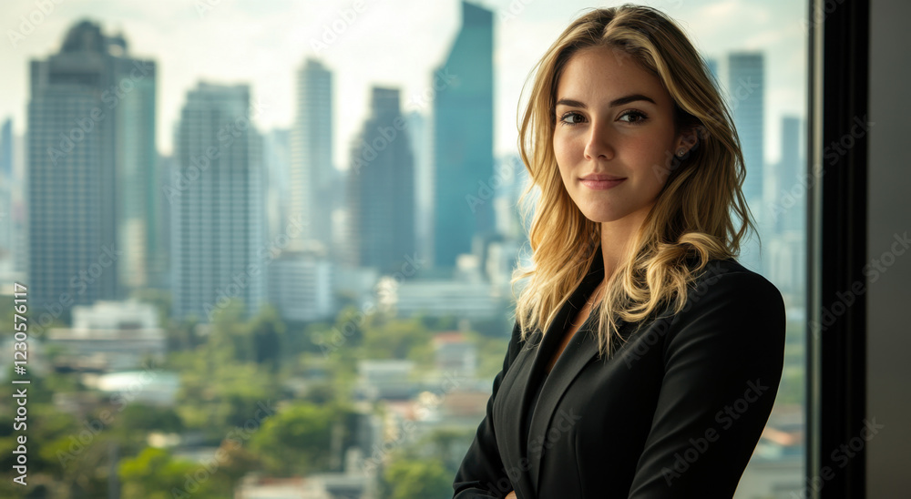 Fototapeta premium Attractive professional woman poses confidently in modern office with city skyline in the background