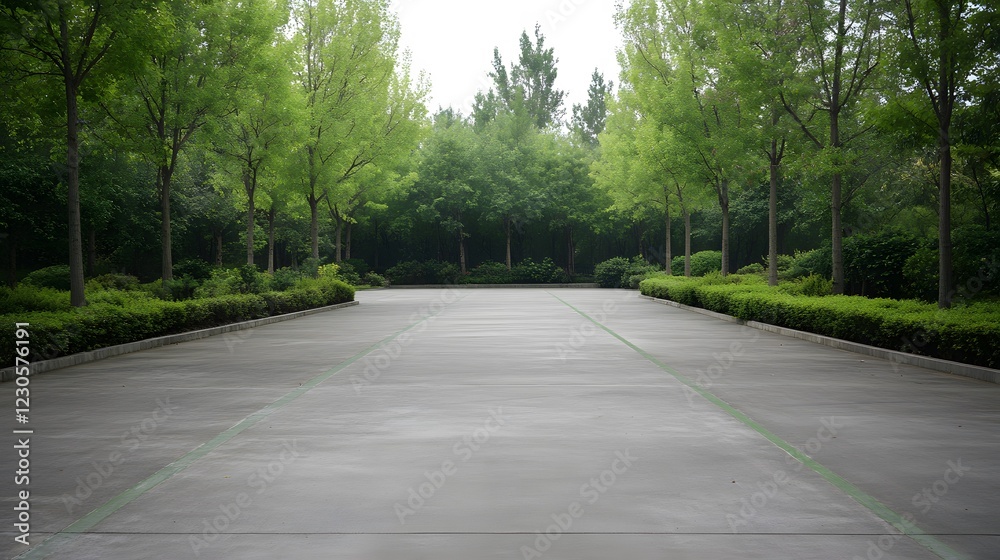 Serene Park Pathway, Lush Greenery and Concrete Walkway Serene Park Pathway, Lush Greenery and Concrete Walkway