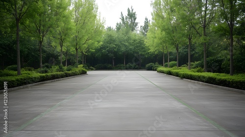 Serene Park Pathway,  Lush Greenery and Concrete Walkway