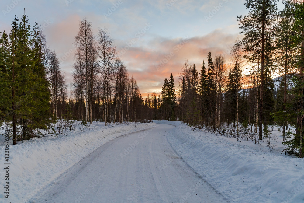 Fototapeta premium Beautiful winter landscape in Finnish Lapland around Akaslompolo, Finland