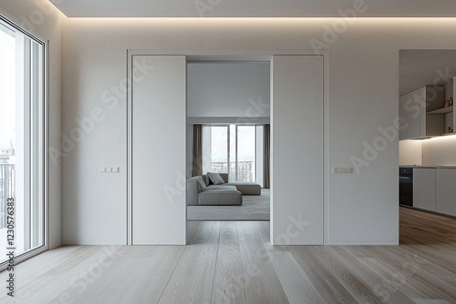 Pocket door integrated into a white plasterboard wall, d for space-saving functionality