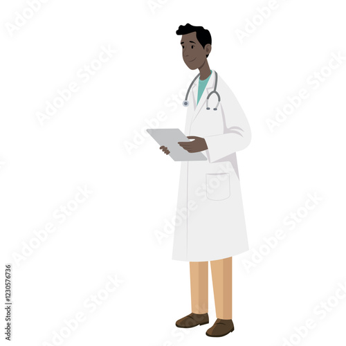 Cartoon African American doctor full length in white coat and with stethoscope, medical history in hands, flat style, isolate on white