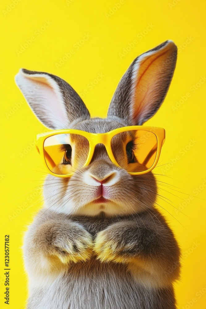 Bunny posing with yellow sunglasses and arms crossed. Bunny posing with yellow sunglasses and arms crossed.