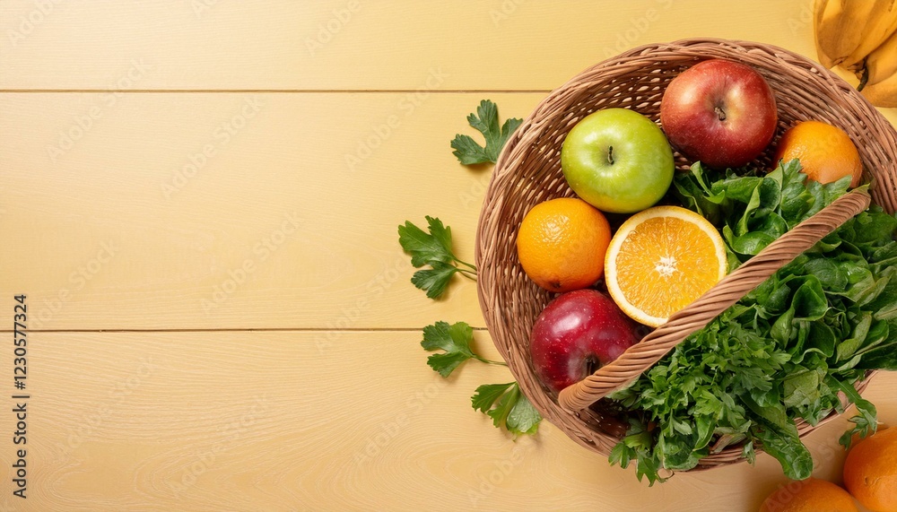A wicker basket overflowing with fresh, colorful fruits and leafy greens sits on a yellow wooden surface. A wicker basket overflowing with fresh, colorful fruits and leafy greens sits on a yellow wooden surface.