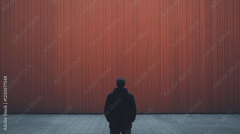Obraz premium Person facing large, textured, red wall.