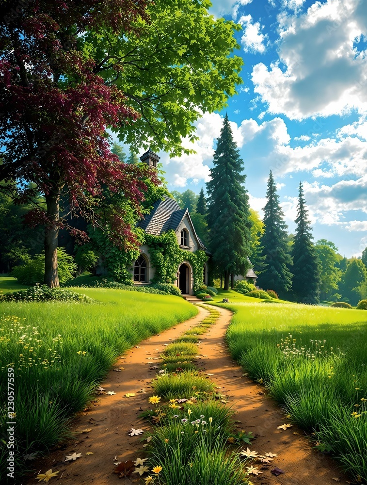 A picturesque rural landscape featuring a winding dirt path leading to a charming stone house under a vibrant blue sky with fluffy white clouds.