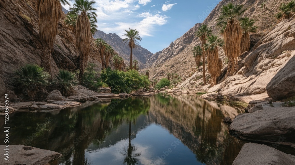 Palm trees reflect in a tranquil desert oasis pool Palm trees reflect in a tranquil desert oasis pool
