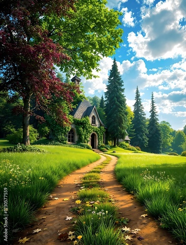 Obraz na płótnie A picturesque rural landscape featuring a winding dirt path leading to a charming stone house under a vibrant blue sky with fluffy white clouds. w salonie